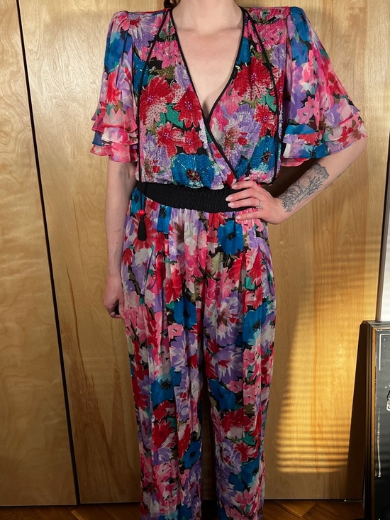Diane Freis Pants - Diane Freis 100% Silk Floral V-Neck Wide-Leg Jumpsuit in Multicolor